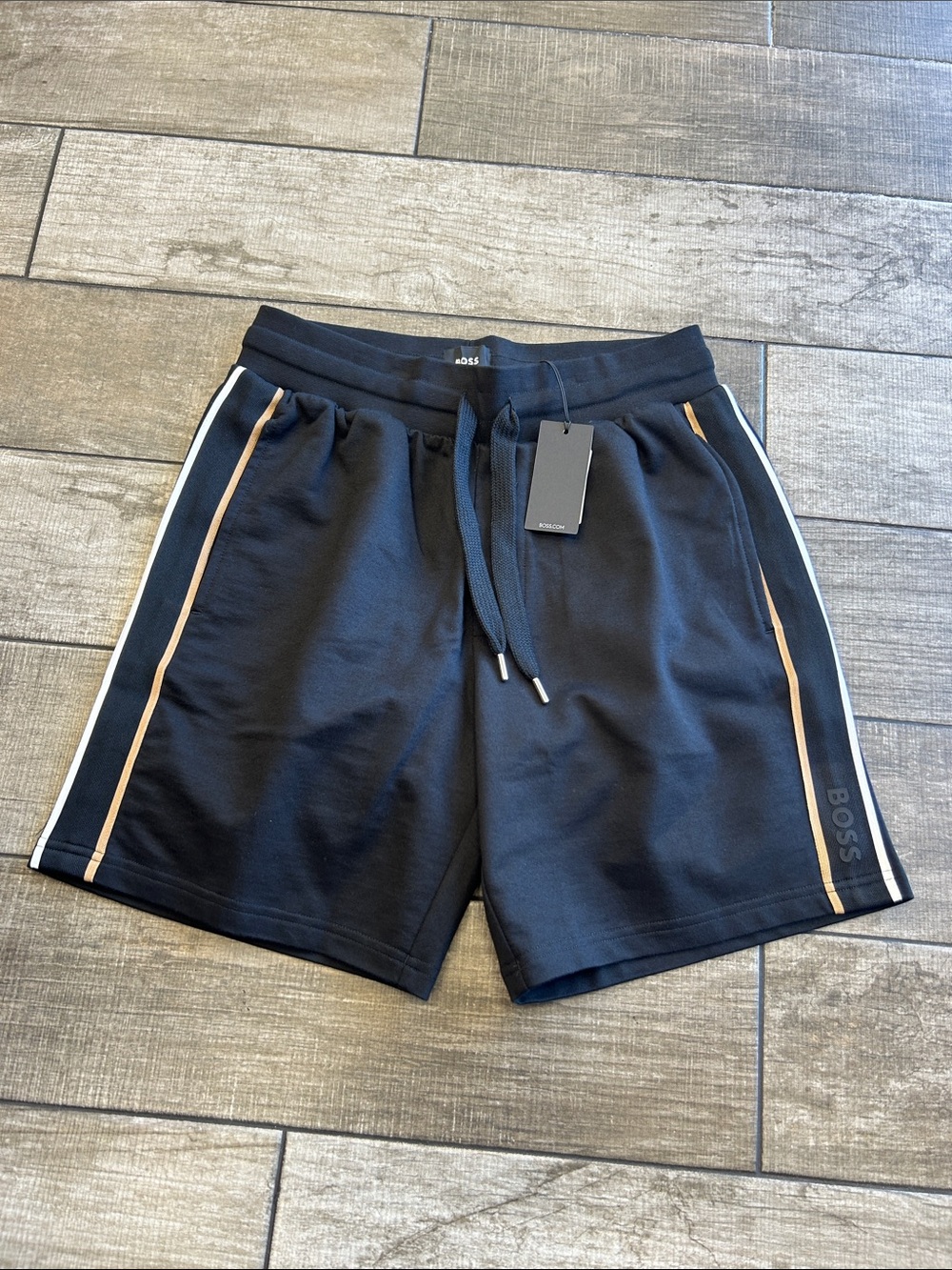 BOSS Men's Black Athletic Drawstring Shorts with Contrast Piping NWT